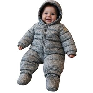 Baby Gap Snowsuit Gray Marled Puffer Full Zip Hooded Bear Ears 18-24 Months